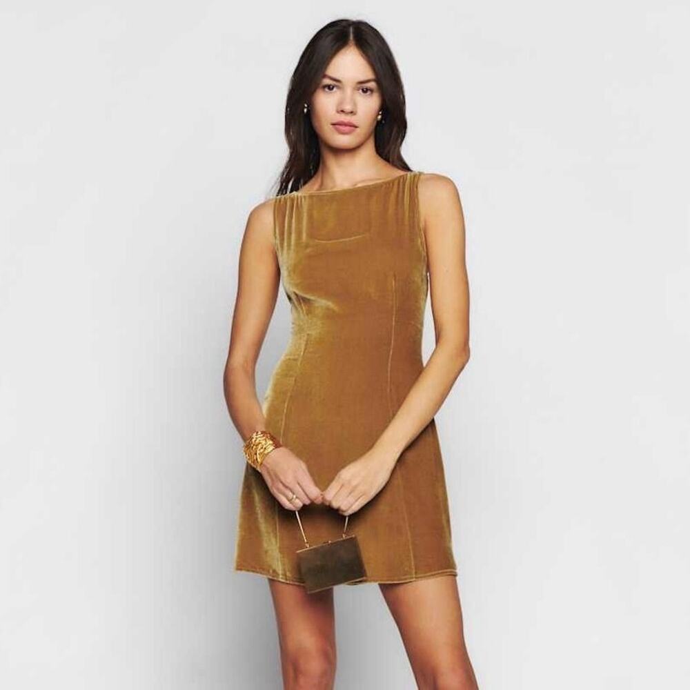 Reformation Mustard Velvet Mini Dress
